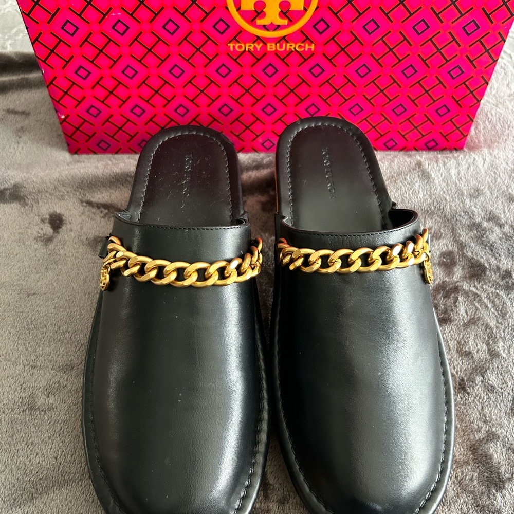 Tory Burch Black Mules with Gold Chain Accent